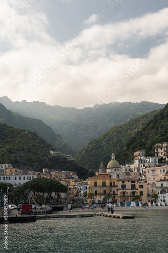 Сozy little town on the Amalfi Coast - Cetara. Medieval village in the mountains on the shores of the Tyrrhenian Sea. Summer seaside resort.