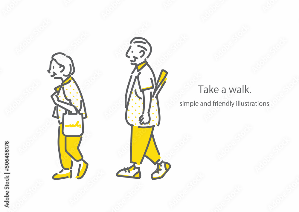 のんびりと散歩をするシニア夫婦　シンプルでお洒落な線画イラスト