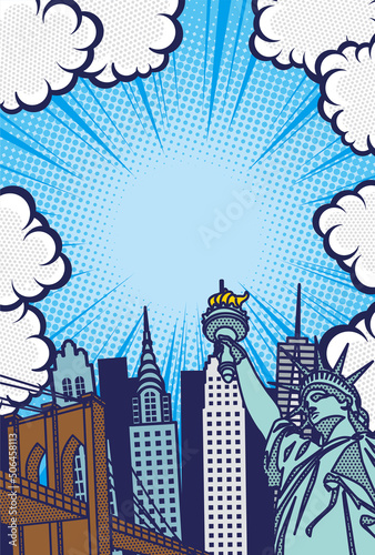 ポップアート風のニューヨークの街並み背景イラスト