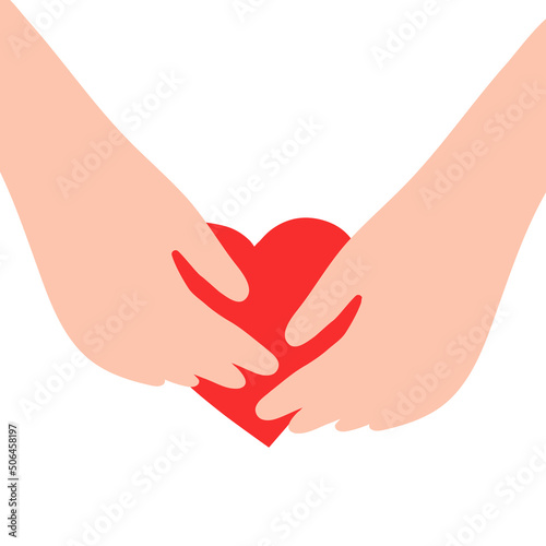 The hands hold and protect the red heart. Vector flat illustration