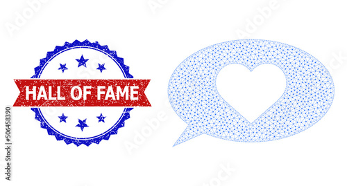 Network love status wireframe icon, and bicolor grunge Hall of Fame stamp. Mesh wireframe image is created from love status icon.