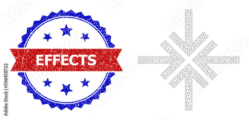 Net collision arrows wireframe illustration, and bicolor grunge Effects watermark. Polygonal wireframe illustration is created from collision arrows pictogram.