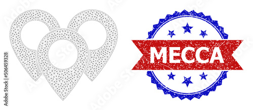 Polygonal map markers frame icon, and bicolor grunge Mecca stamp. Polygonal carcass image is designed with map markers icon. Vector watermark with Mecca title inside red ribbon and blue rosette,