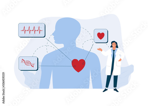 Cardiology concept. Cardiologists checking up heart of patient. Medical diagnostics of human cardio diseases.