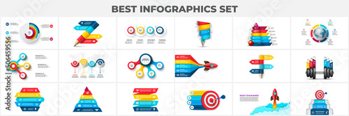 Set of infographic presentation slides. Earth, target, goal, rocket, arrows, flowchart and circle diagrams. Vector illustration for business data visualization.