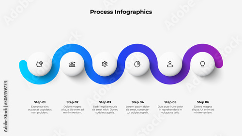Six circles placed in horizontal row connected by a curved line. Concept of 6 stages of marketing strategy. Modern infographic design template.