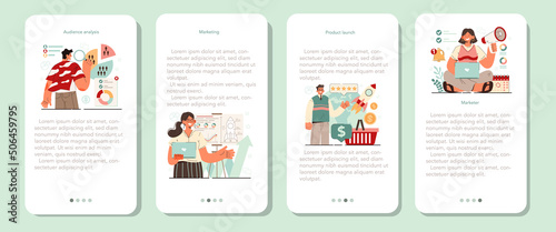 Marketer mobile application banner set. Brand or product launching