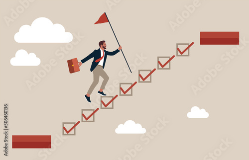 Businessman step on checklist to progress to target. Progression from start to success, development or improvement, challenge to progress and win competition, tasks completion to finish project.