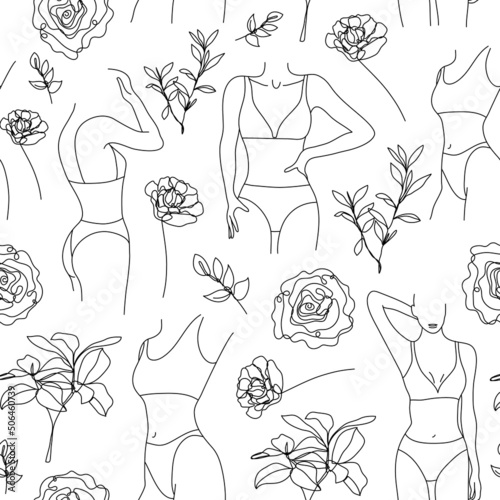 Woman body seamless pattern, line style black and white background. Women in lingerie with flowers, body positive. Use for package, print, paper, art.