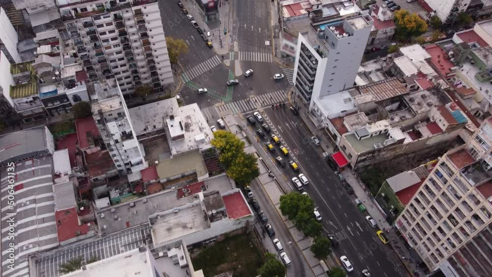 Aerial top-down forward over Cordoba avenue fork in Buenos Aires city, Argentina Aerial top-down forward over Cordoba avenue fork in Buenos Aires city, Argentina