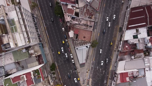 Urban fork in Cordoba Avenue, Buenos Aires city in Argentina. Aerial backward top-down directly above photo