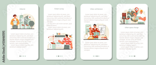 Urbanist mobile application banner set. Architect studying and developing