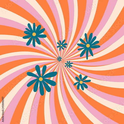 1970. 1970 background. Daisy flowers. Pattern in Orange, Pink Colors.