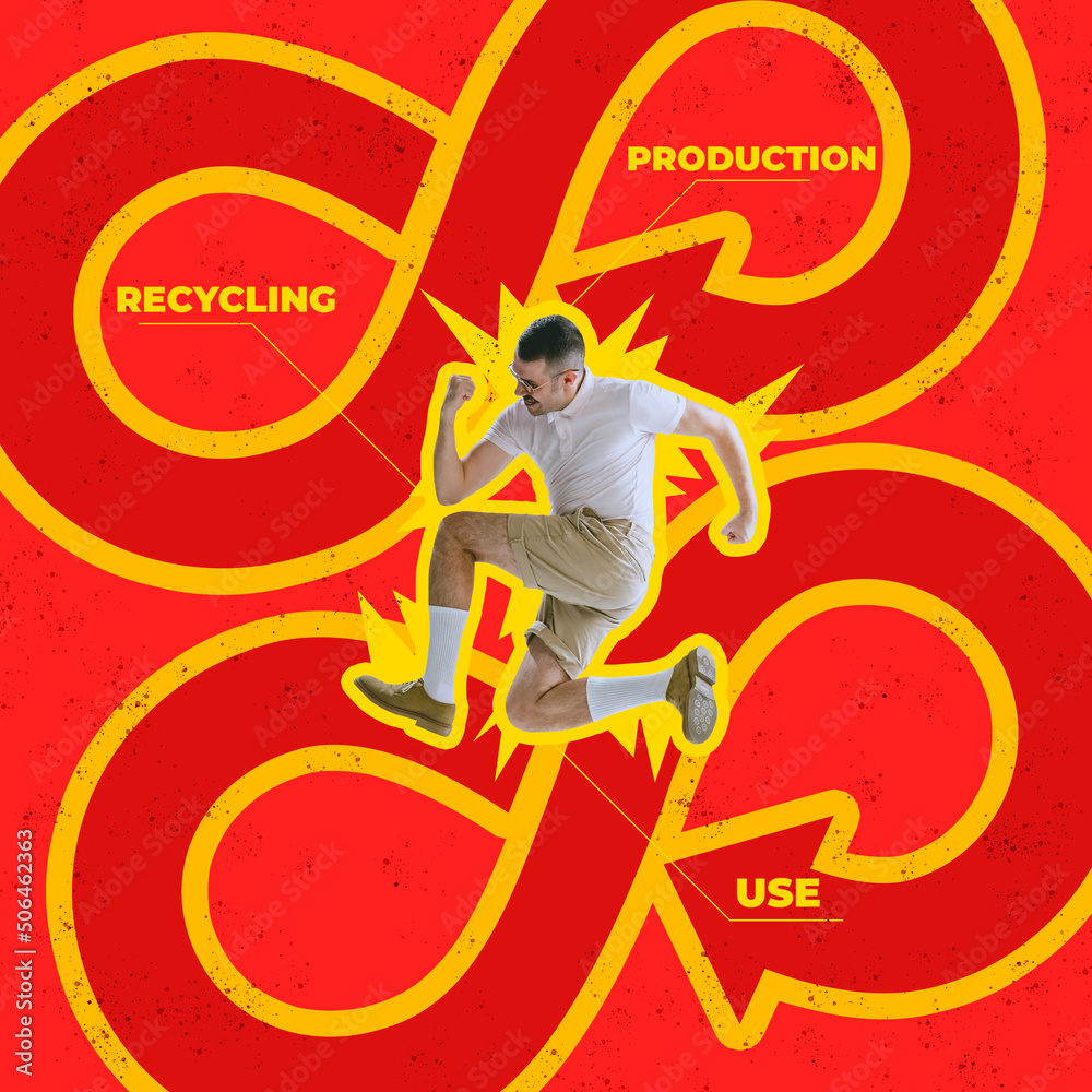 Contemporary art collage. Cheerful man jumping over circular economy symbol isolated over red background