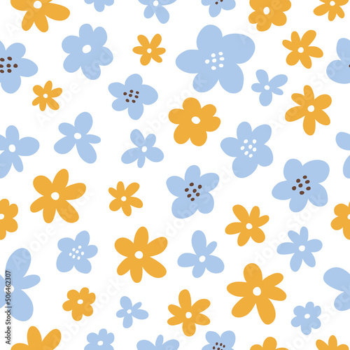 Cute seamless pattern with yellow and blue flowers. Vector illustration in hand-drawn flat style. Perfect for print, decorations, wallpaper, wrapping paper, cards. Simple botanical background.