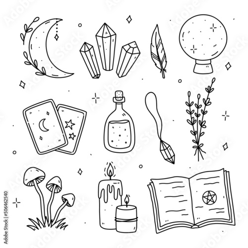 Set of doodles with magic and occult elements - crystal ball, moon, gemstones, tarot cards, potion, pendant, spell book and others. Vector hand-drawn illustration. Perfect for cards, logo, decorations