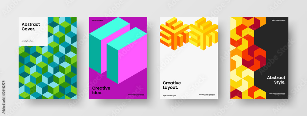 Colorful geometric pattern poster illustration bundle. Bright flyer A4 vector design concept composition.