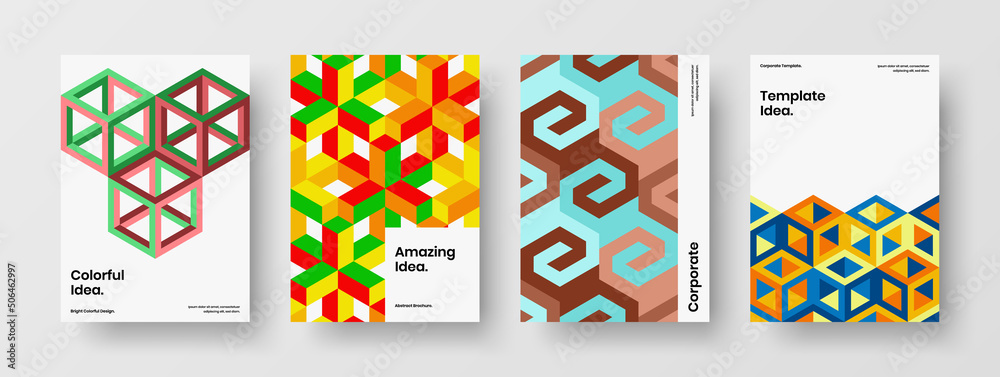 Fresh mosaic hexagons corporate brochure illustration set. Minimalistic magazine cover A4 design vector template collection.