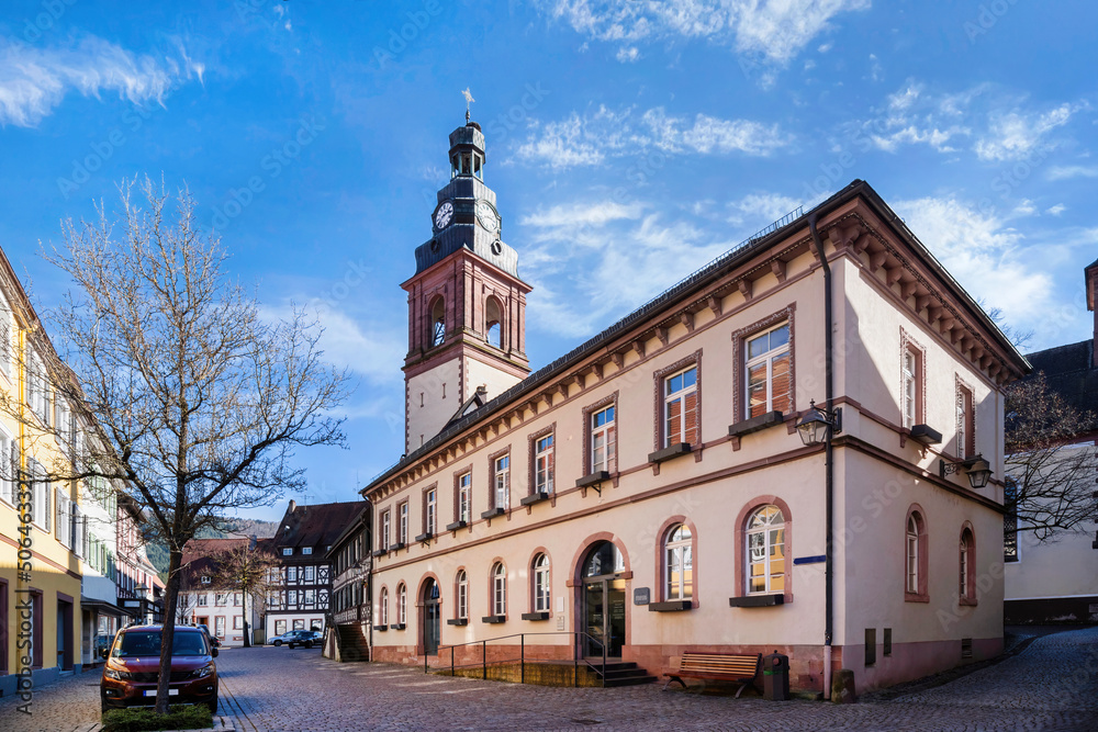 Market square with tower of St. Arbogast, Roman Catholic parish church of Haslach im Kinzigtal, Germany