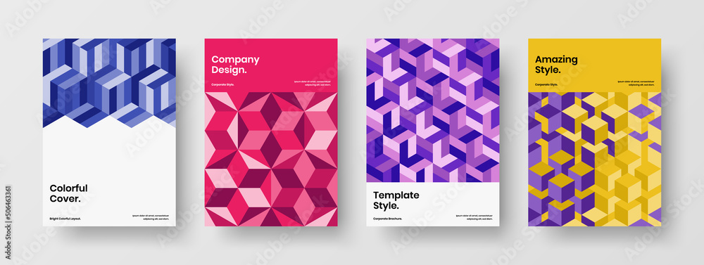 Fototapeta premium Colorful mosaic shapes postcard illustration collection. Minimalistic brochure design vector layout bundle.