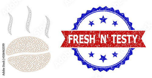 Network coffee aroma carcass illustration, and bicolor rubber Fresh 'N' Testy seal stamp. Polygonal carcass image based on coffee aroma pictogram.