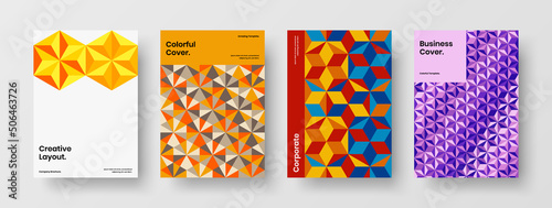 Vivid handbill A4 design vector layout bundle. Trendy geometric hexagons book cover template set.
