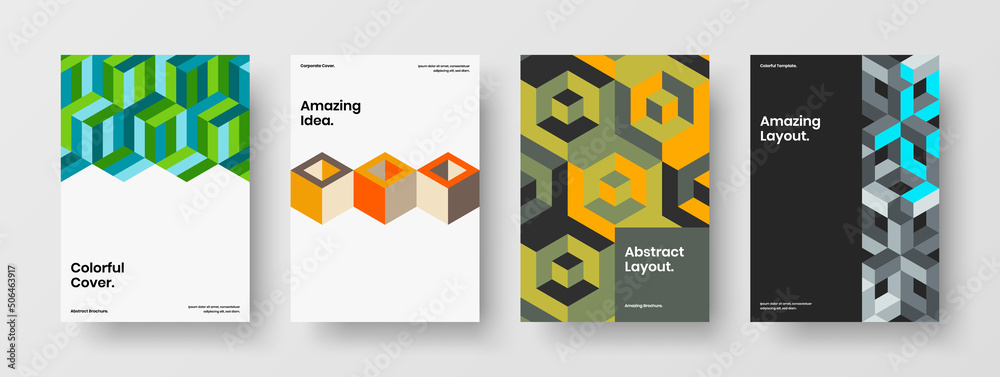 Naklejka premium Clean corporate brochure A4 vector design concept collection. Modern geometric shapes company identity layout bundle.