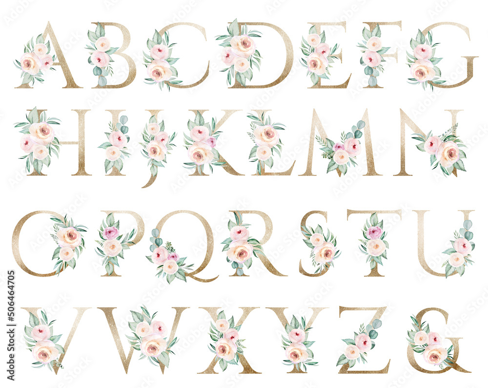 Light golden capital Letters with watercolor roses and leaves. Pastel floral alphabet Light golden capital Letters with watercolor roses and leaves. Pastel floral alphabet