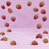 Strawberry fruit levitate in midair and fall into pink cream 3D rendering illustration