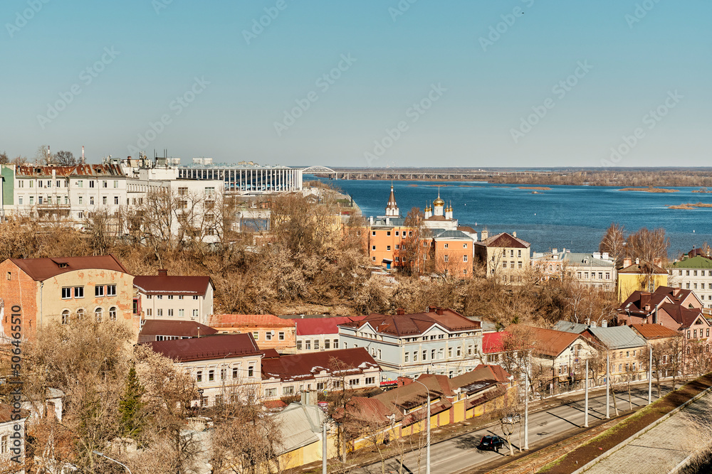 Spring cityscape of Nizhny Novgorod, Russia. Downtown, near Kremlin. View of river Oka.