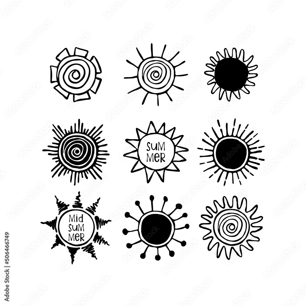 Set of hand drawn suns. Doodle drawing. Summer, Midsummer hand drawn lettering.