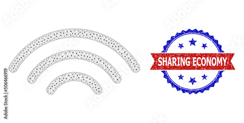 Mesh broadcasting source carcass icon, and bicolor rubber Sharing Economy watermark. Mesh carcass symbol designed with broadcasting source icon.