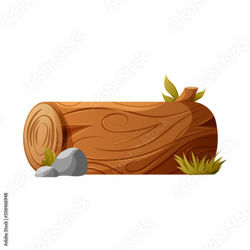 Wood, log with stones and leaves. Forest, nature, camping or hiking elements. Vector illustration of tree in cartoon style on isolated background for sticker, banner, social media, website, games
