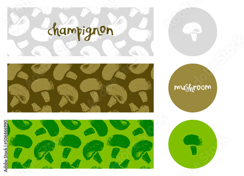 Vector champignon hand-drawn Illustration. Mushrooms pattern seamless. Vegetarian cooking courses banner. Edible fungi wallpapers. Drawings for champignons label design. Mushroom soup ingredients.