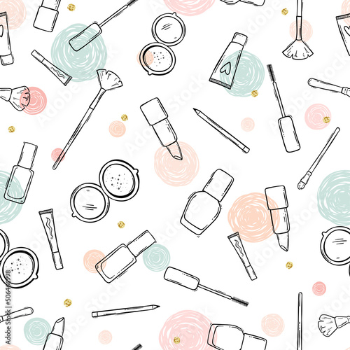 Lovely hand drawn make up seamless pattern, doodle beauty items, great for textiles, banners, wrapping, packaging - vector design