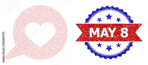 Mesh love message wireframe icon, and bicolor unclean May 8 stamp. Mesh carcass symbol is designed with love message icon. Vector imprint with May 8 tag inside red ribbon and blue rosette,