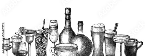Hand-sketched drinks background. Vector banner with popular beverages in elegant glasses. Popular drinks vintage hand-drawings. Bar or restaurant menu template in sketched style.