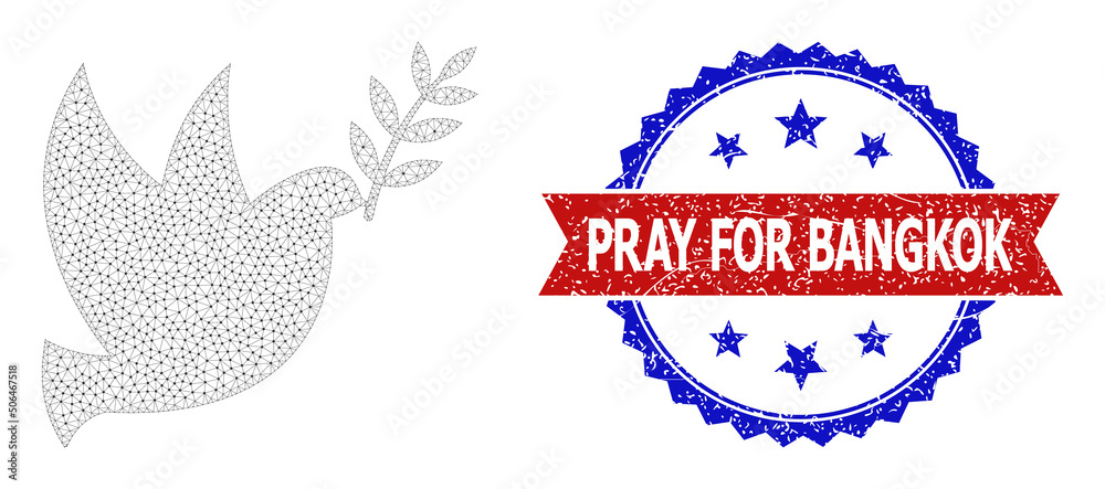 Obraz premium Network peace dove wireframe icon, and bicolor dirty Pray for Bangkok seal stamp. Polygonal carcass symbol designed with peace dove icon.