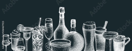 Hand-sketched drinks banner design. Vector sketches of popular beverages in elegant glasses. Popular drinks vintage hand-drawings. Bar or restaurant menu template isolated on chalkboard