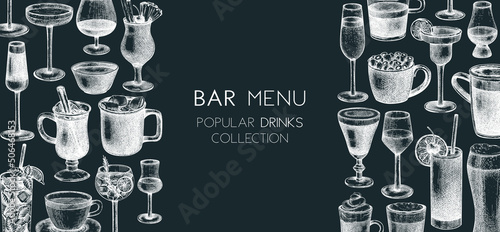 Hand-sketched drinks banner design. Vector sketches of popular beverages in elegant glasses. Popular drinks vintage hand-drawings. Bar or restaurant menu template isolated on chalkboard