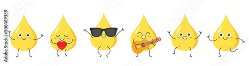 Set drops of vegetable oil cute character cartoon greeting jumping loves sings running smiling face emotions joy happy vector illustration.
