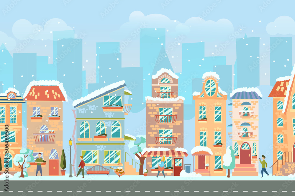 Naklejka premium City street. Panoramic cityscape with bright houses, walking pedestrians, snow. Shop and stores. Winter city. Vector illustration in cartoon style.