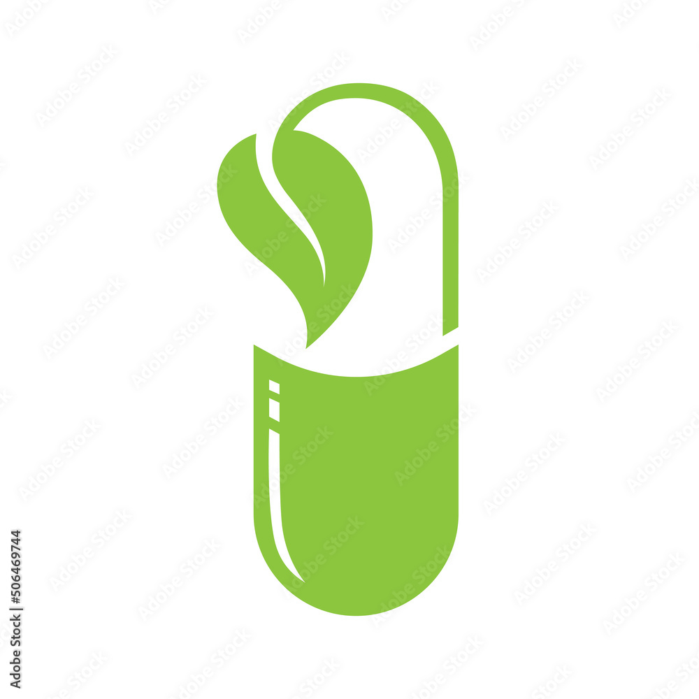 Herbal capsule pill with leaf isolated on white background. Natural medicine drug. Vector illustration. Herbal capsule pill with leaf isolated on white background. Natural medicine drug. Vector illustration.