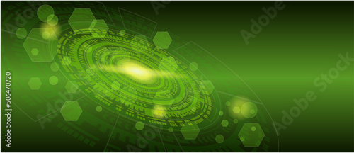 Abstract technology background with various technological elements in green color. Tecnologic innovation. high-tech communication concept. circular network circuit photo