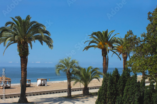 Beautiful view of the coast. City promenade with palm trees, bungalows, sea and blue sky. An empty pedestrian embankment. The embankment goes into the distance.