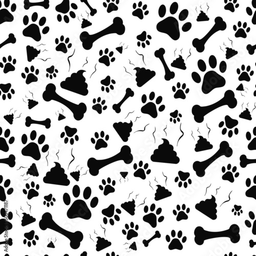 
footprints, paws, bone, poop vector seamless pattern, fashion illustration.