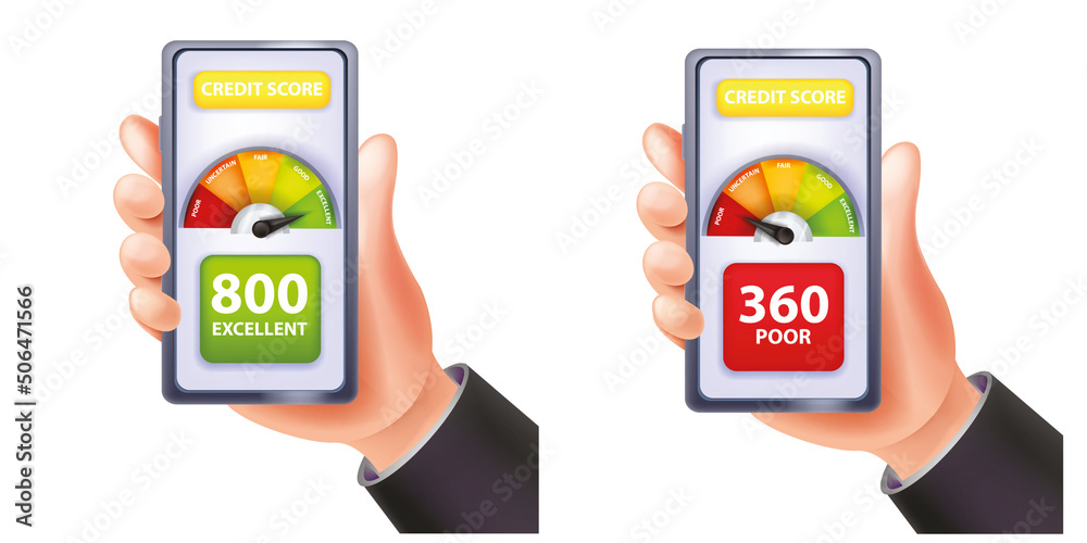 Credit score vector meter app concept, hand holding smartphone, personal finance business rating. Mortgage good bad gauge level, average money measurement, excellent poor history status. Credit score Credit score vector meter app concept, hand holding smartphone, personal finance business rating. Mortgage good bad gauge level, average money measurement, excellent poor history status. Credit score