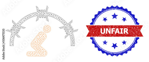 Mesh detention camp framework icon, and bicolor scratched Unfair seal stamp. Polygonal wireframe image designed with detention camp icon.