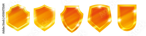 Golden shield vector icon set, security emblem 3D kit, game UI trophy badge, metal award heraldic logo. Victory reward shiny medal assets isolated yellow protective armor. Champion honor golden shield