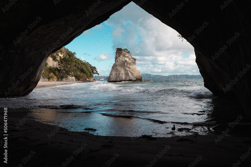 Cathedral Cove seen from the inside of a cave. Coromandel, New Zealand